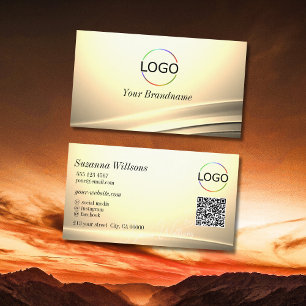 Chic Pastel Silk Cream Curved Decor Logo QR Code Business Card