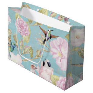 Chic Pastel Teal Vintage Roses Hummingbird Pattern Large Gift Bag