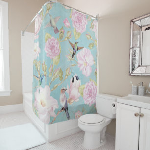 Chic Pastel Teal Vintage Roses Hummingbird Pattern Shower Curtain