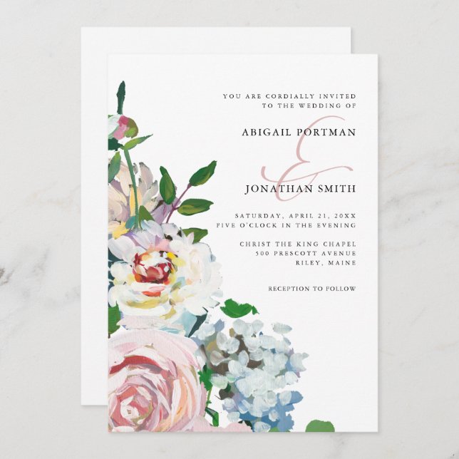 Chic Pastel Watercolor Floral Blooms Wedding Invitation (Front/Back)