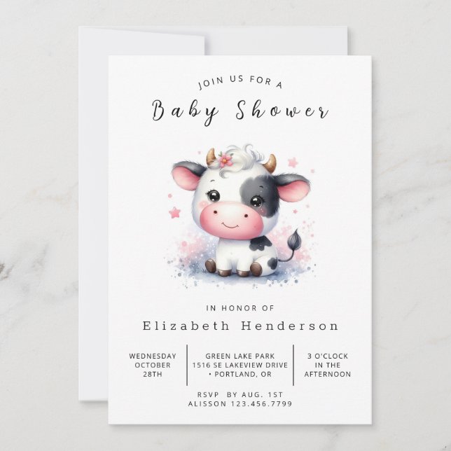  Chic Pastel Whimsical Cow Baby Shower Invitation (Front)