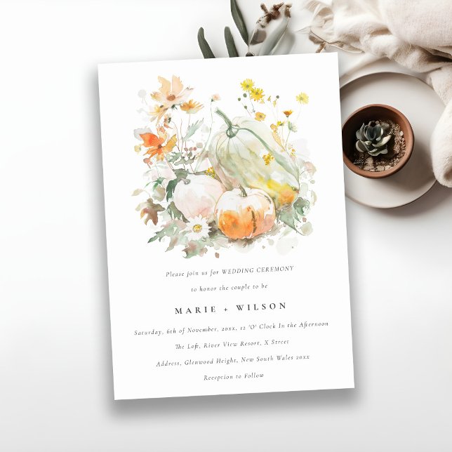 Chic Pastel Wildflower Pumpkin Watercolor Wedding Invitation (Creator Uploaded)
