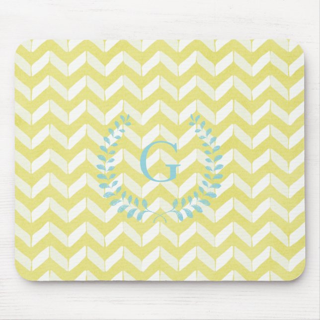 Chic Pastel Yellow Teal Chevron Custom Monogram Mouse Mat (Front)