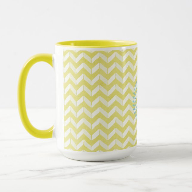 Chic Pastel Yellow Teal Chevron Custom Monogram Mug (Left)