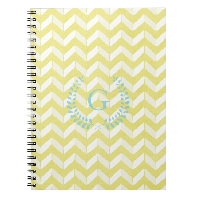 Chic Pastel Yellow Teal Chevron Custom Monogram Notebook (Front)