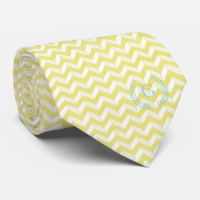 Chic Pastel Yellow Teal Chevron Custom Monogram Tie (Rolled)