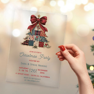 chic patchwork tree bow christmas party acrylic invitations