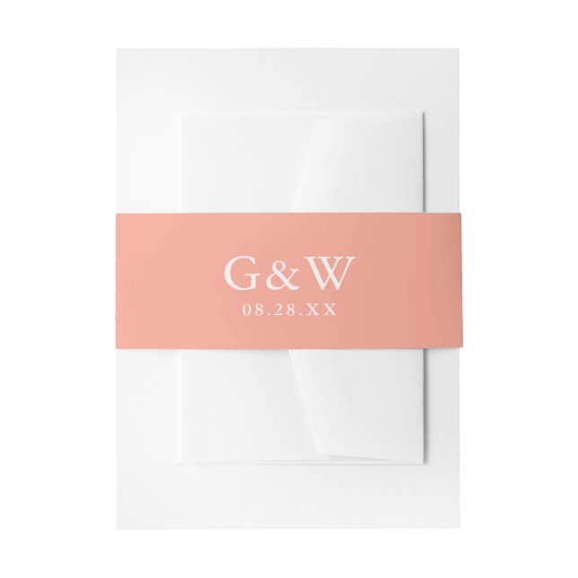 Chic Peach and White Monogram with Wedding Date Invitation Belly Band (Front Example)