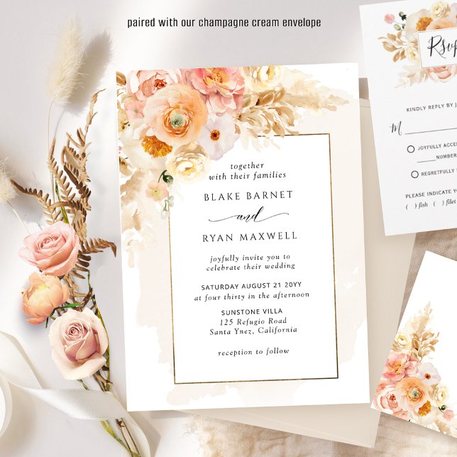 Chic Peach Blush and Champagne Floral Wedding Invitation (Creator Uploaded)