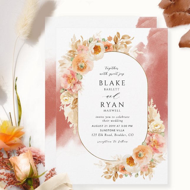 Chic Peach Blush Cream Rust Orange Oval Wedding Invitation (Creator Uploaded)