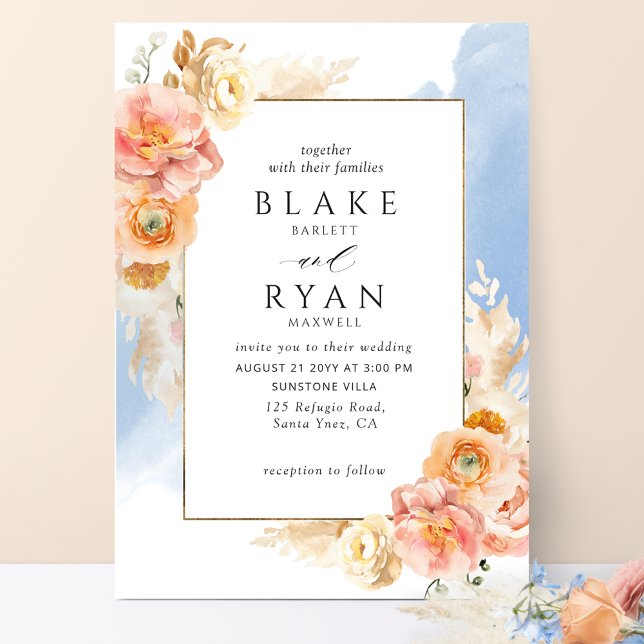 Chic Peach Blush Floral, Blue Watercolor Wedding Invitation (Creator Uploaded)