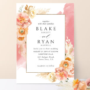 Chic Peach Blush Floral, Coral Watercolor Wedding Invitation
