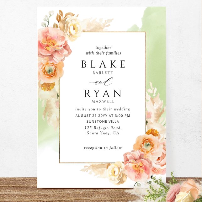 Chic Peach Blush Floral, Green Watercolor Wedding Invitation (Creator Uploaded)