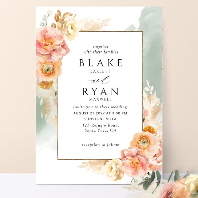 Chic Peach Blush Floral, Sage Watercolor Wedding Invitation (Creator Uploaded)