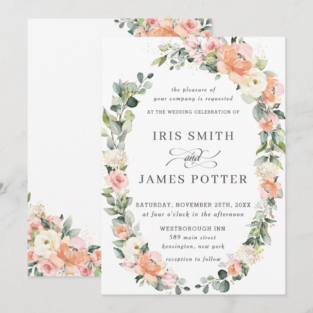 Chic Peach Blush Ivory Floral Wreath Leafy Wedding Invitation (Front/Back)
