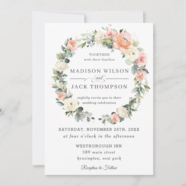 Chic Peach Blush Ivory White Floral Wreath Wedding Invitation (Front)