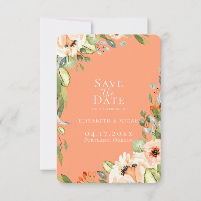 Chic Peach Botanical Photo Save The Date Announcement (Front)