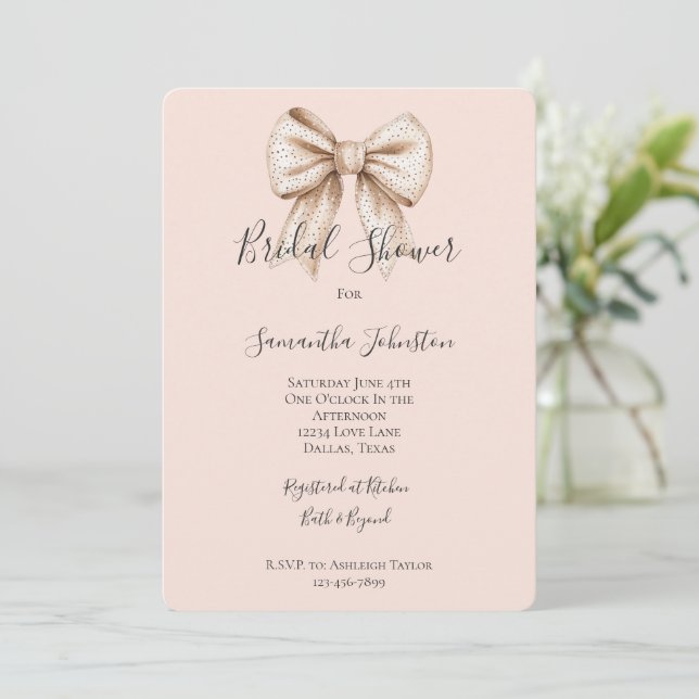 Chic Peach Cream Bow Bridal Shower Invitation (Standing Front)