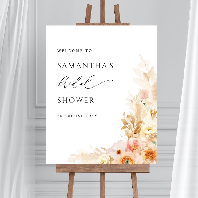 Chic Peach Cream Floral Bridal Shower Welcome Sign (Creator Uploaded)