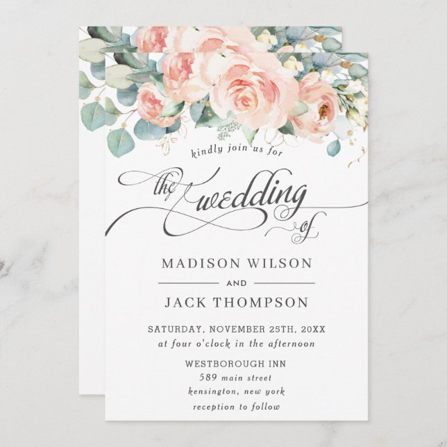 Chic Peach Floral Calligraphy Greenery Wedding Invitation (Front/Back)