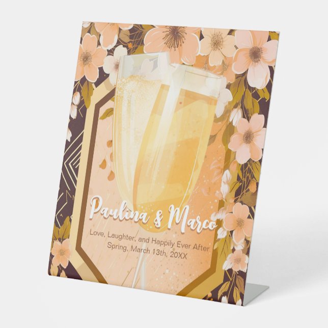 Chic Peach Floral Champagne Bridal Shower Party Pedestal Sign (Front)
