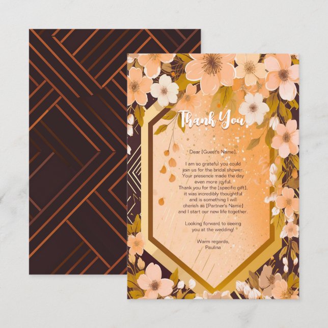Chic Peach Floral Champagne Bridal Shower Party Thank You Card (Front/Back)