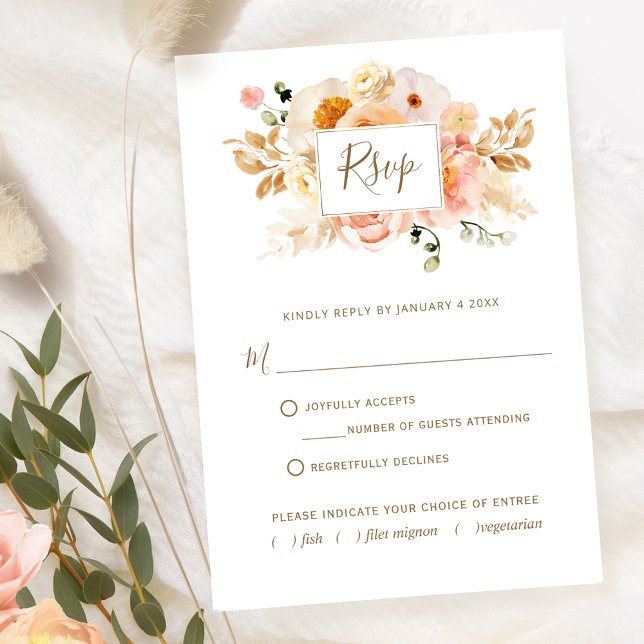 Chic Peach Floral With or Without Meals Choices RSVP Card (Creator Uploaded)