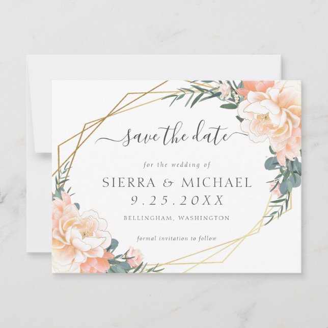 Chic Peach Gold Floral Mint Green Save the Date Announcement (Front)