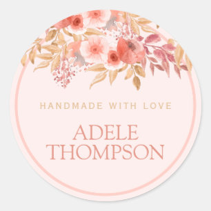 Chic Peach Golden Floral Handmade With Love Classic Round Sticker