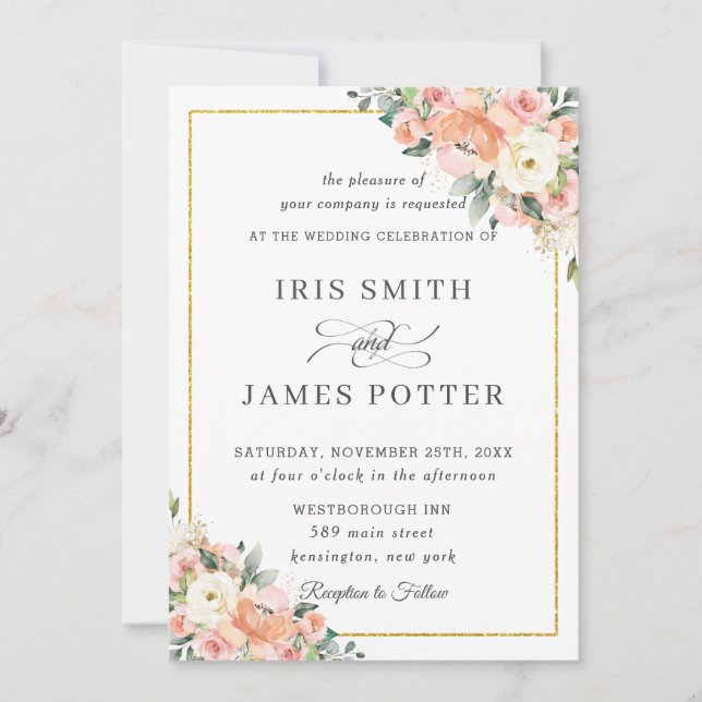 Chic Peach Ivory Blush Floral Gold Wedding  Invitation (Front)