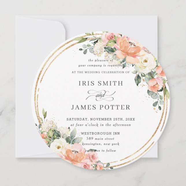 Chic Peach Ivory Blush Pink Floral Gold Wedding Invitation (Front)