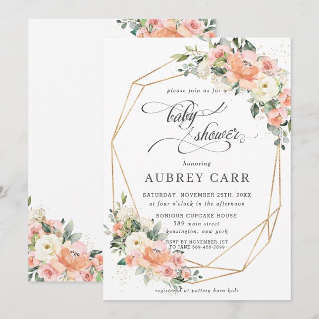 Chic Peach Ivory Pink Floral Baby Shower Geometric Invitation (Front/Back)