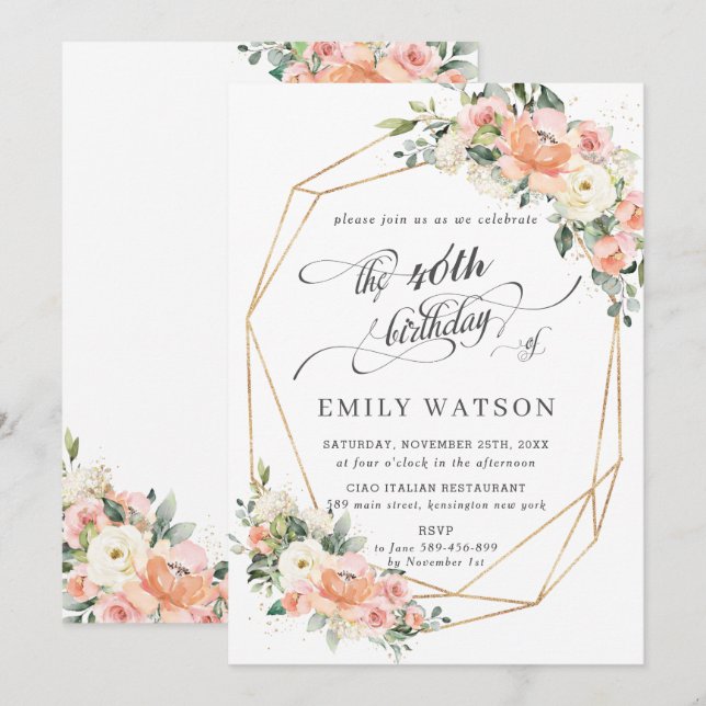 Chic Peach Ivory Pink Floral Birthday Geometric Invitation (Front/Back)