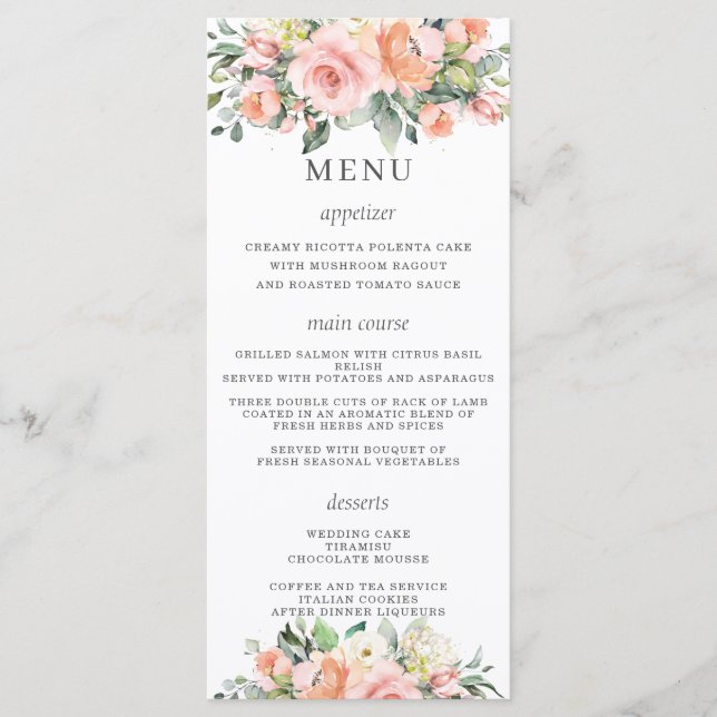 Chic Peach Ivory Pink Floral Wedding Menu (Front)