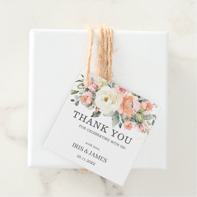 Chic Peach Ivory Pink Floral Wedding Thank You Favour Tags (In Situ)