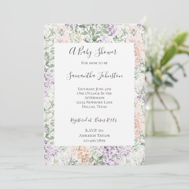 Chic Peach Lilac Lavender Floral Baby Shower Invitation (Standing Front)