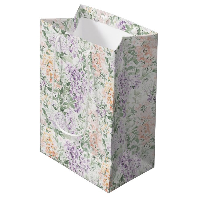 Chic Peach Lilac Lavender Floral Bridal Shower Medium Gift Bag (Front Angled)