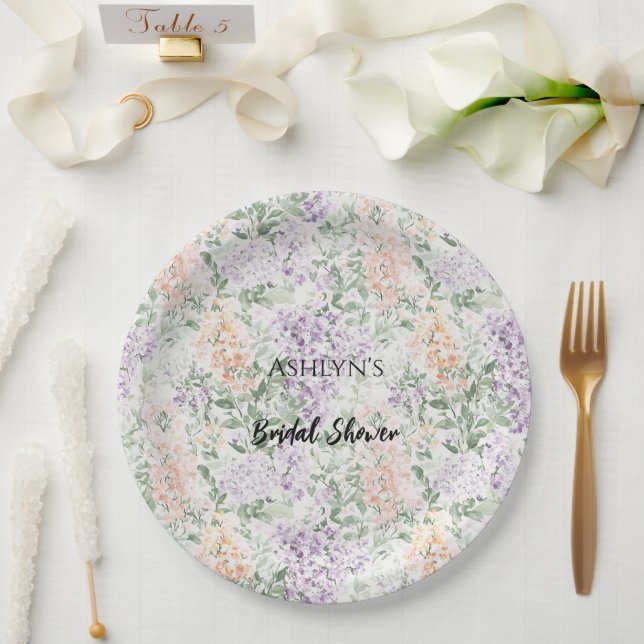 Chic Peach Lilac Lavender Floral Bridal Shower Paper Plate (Wedding)