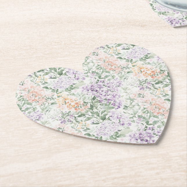 Chic Peach Lilac Lavender Floral Wedding Paper Coaster (Angled)