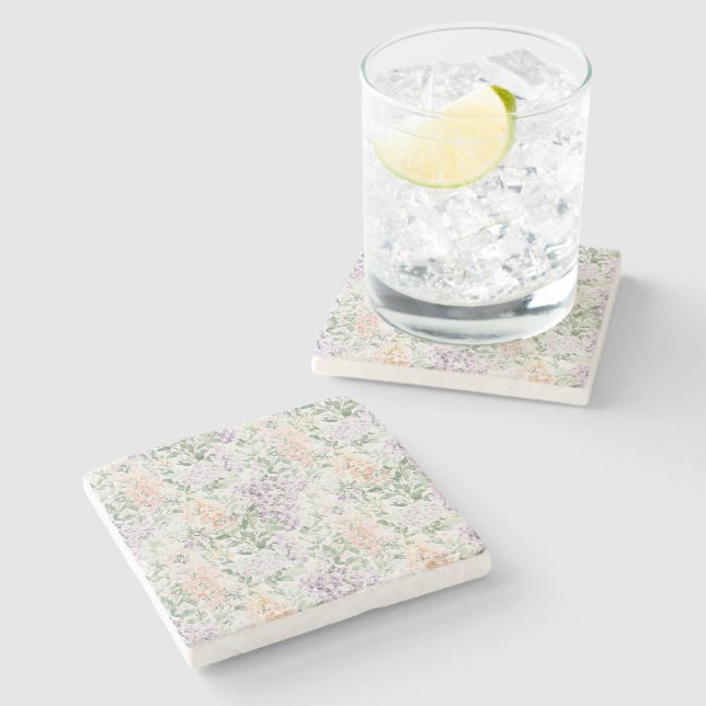 Chic Peach Lilac Lavender Floral Wedding Stone Coaster (Side)