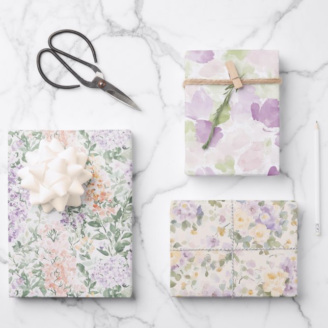 Chic Peach Lilac Lavender Floral Wedding Wrapping Paper Sheet (Front)