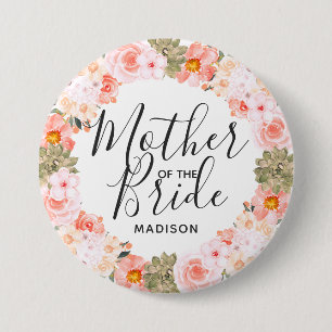 Chic Peach Mint Floral Wreath Mother of the Bride 7.5 Cm Round Badge