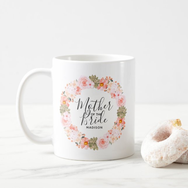 Chic Peach Mint Floral Wreath Mother of the Bride Coffee Mug (With Donut)