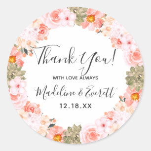 Chic Peach Mint Floral Wreath Wedding Thank You Classic Round Sticker