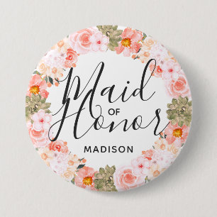 Chic Peach Mint Modern Floral Wreath Maid of Honou 7.5 Cm Round Badge