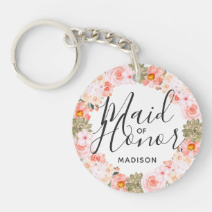 Chic Peach Mint Modern Floral Wreath Maid of Honou Key Ring