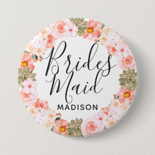 Chic Peach Mint Modern Succulent Wreath Bridesmaid 7.5 Cm Round Badge