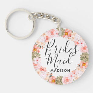 Chic Peach Mint Modern Succulent Wreath Bridesmaid Key Ring