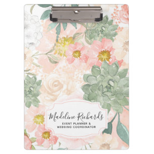 Chic Peach & Mint Watercolor Floral & Succulents Clipboard