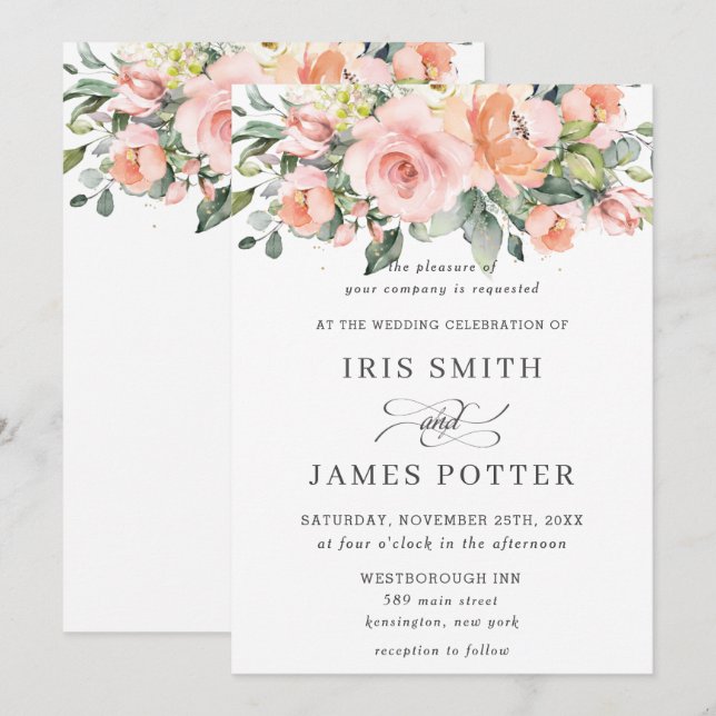 Chic Peach Orange Pink Floral  Greenery Wedding Invitation (Front/Back)